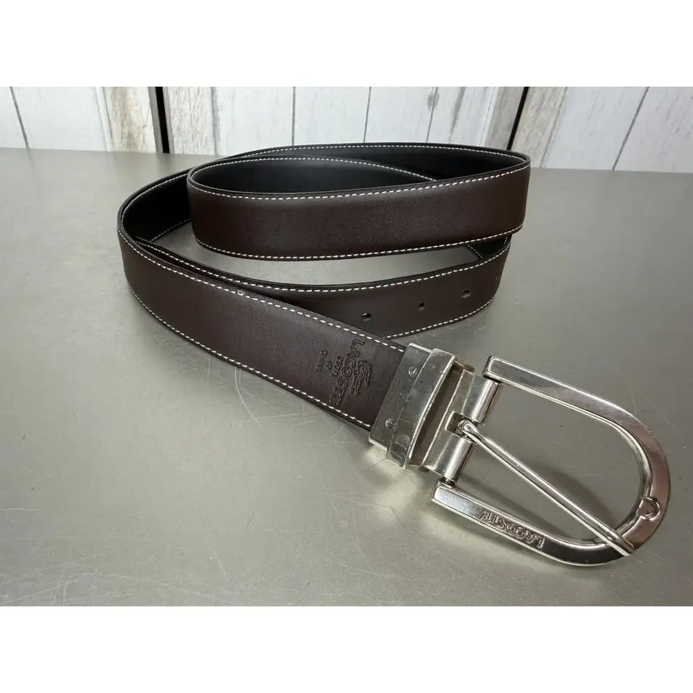 Lacoste Reversible Belt Brown Black Leather Silver Buckle Size 42